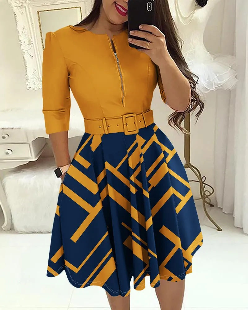 Casual O-neck Long Sleeve Dress Office Lady Spring Autumn Fashion Elegant Striped Print Pleated Dresses For Women 2023 Female