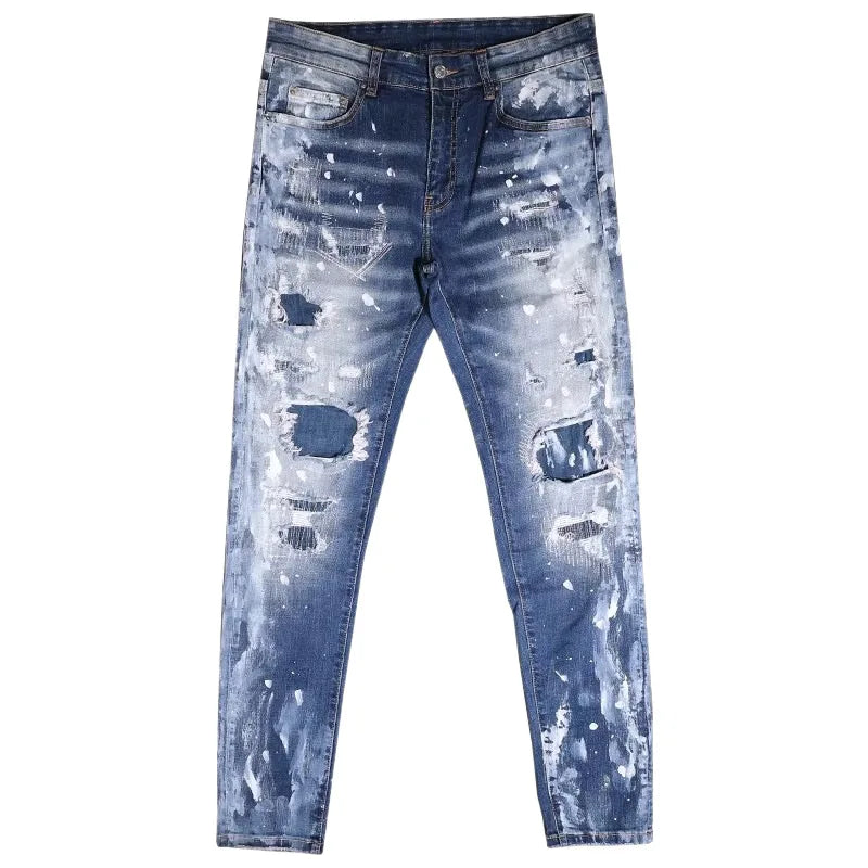 Retro Style Men's Slim Fit Jeans Distressed Hole Design Elastic Casual Long Pants Youth Trendy Street Style Straight Leg Jeans