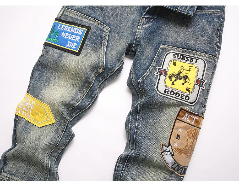 Men's Badge Patch Boot Cut Jeans Rivet Vintage Retro Blue Stretch Denim Pants Streetwear Slim Flared Trousers