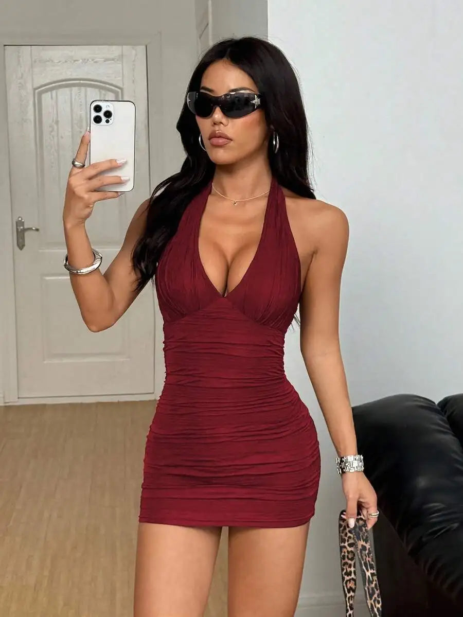 Women's Sexy Slim Textured Halter V-Neck Mini Dress in Burgundy  Women's Summer Clothing