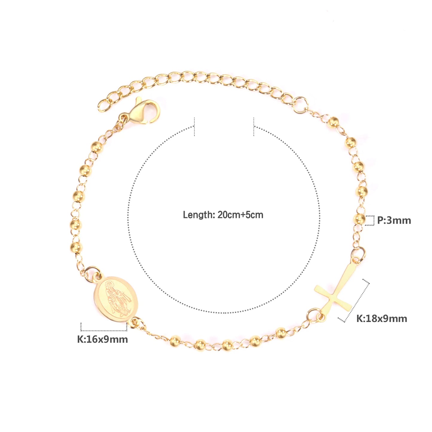 LUXUSTEEL Stainless Steel Long Necklace Virgin Mary Cross Pendant with 35cm+15cm Extender Bead Chain Jewelry