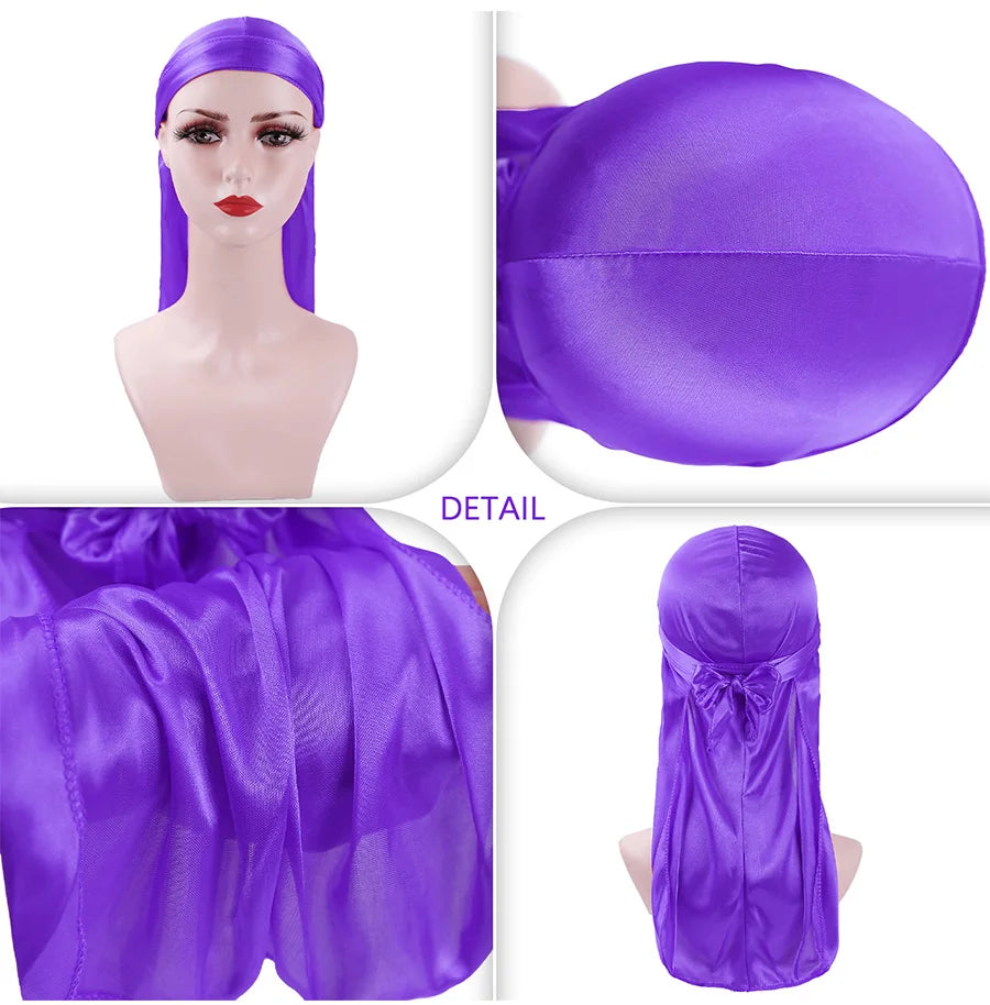 Unisex Seidige Durags Bandanas Turban Hut Perücken Doo Männer Satin Durag Biker Kopfbedeckung Stirnband Haar Zubehör Extra Lange Schwanz Du-Rag