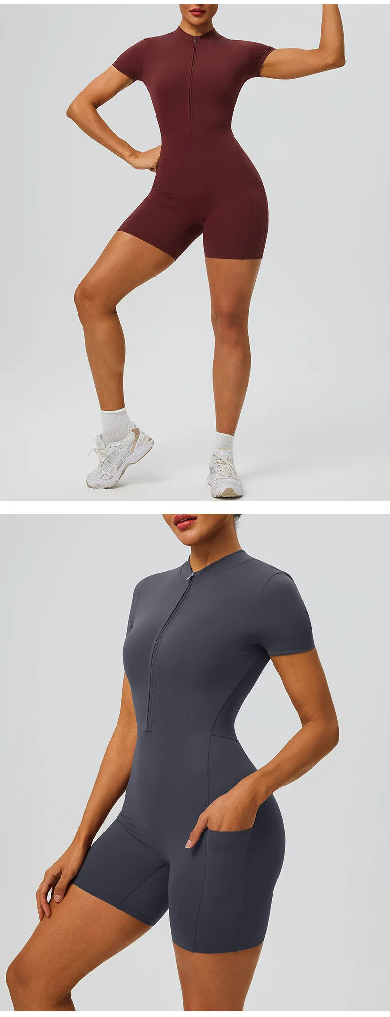 Women's zipper short sleeved yoga jumpsuit with functional pockets for hip lifting and tight fitting sports jumpsuit shorts