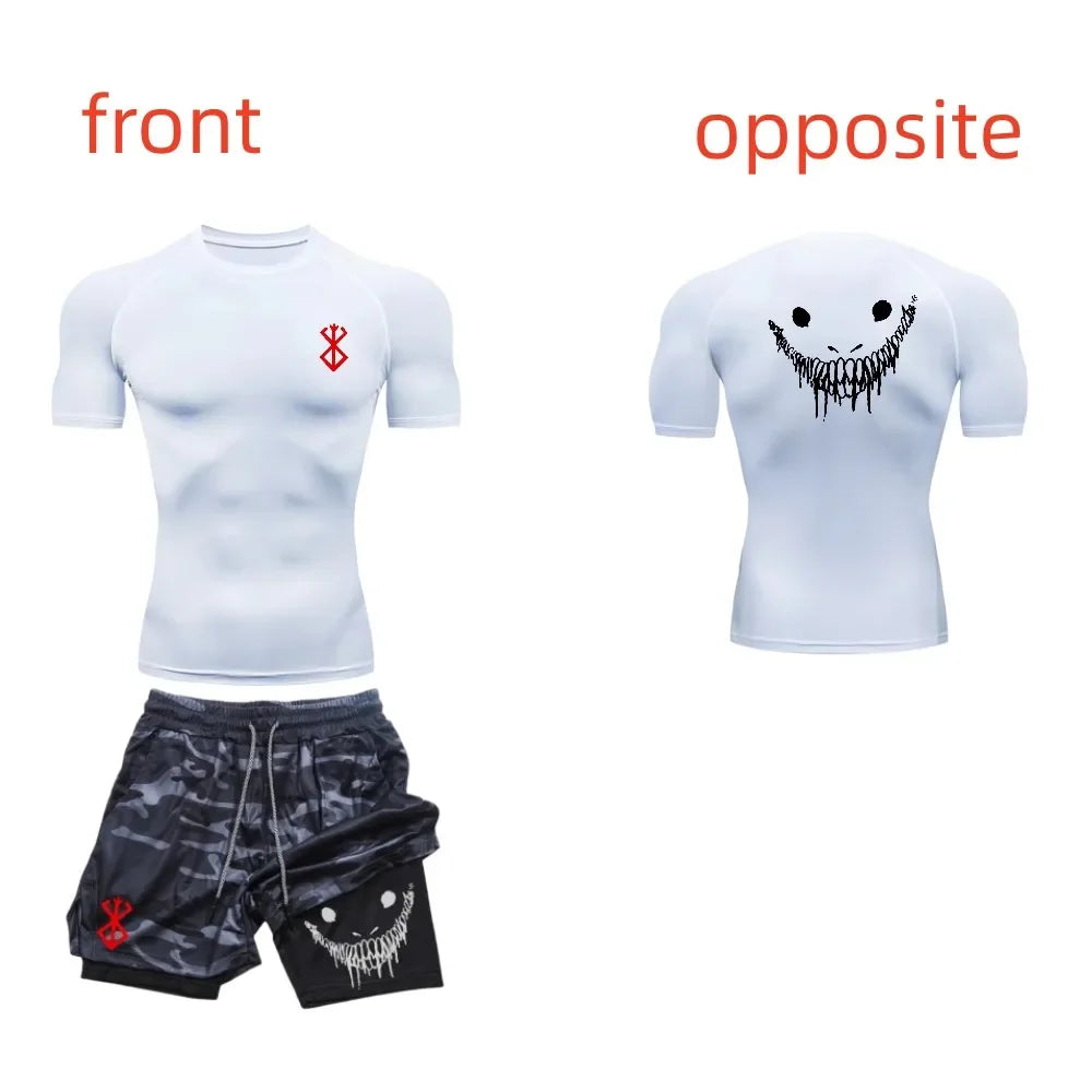 Men's fashionable casual fitness set, gym quick drying sportswear, shorts+shirt, 2-piece set, running, training, summer