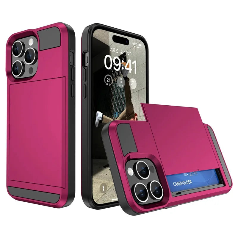 Phone Case for IPhone 16 15 14 Plus 13 12 11 Pro Max Wallet with Card Holder Slot Sliding Pocket Dual Layer Protective Cover