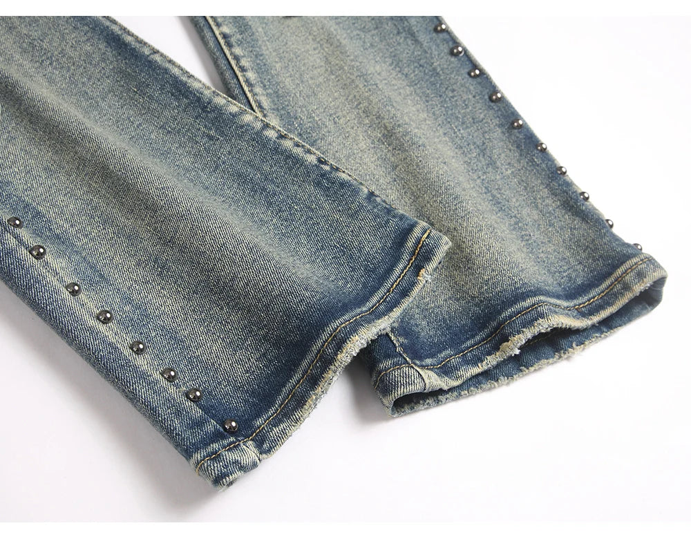 Men's Badge Patch Boot Cut Jeans Rivet Vintage Retro Blue Stretch Denim Pants Streetwear Slim Flared Trousers