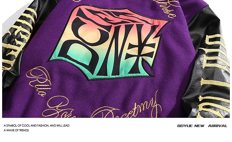 Herren Stehkragen Gespleißte Lederstickerei Wolljacken Trendy Street Hip Hop Hübscher Casual Loose Einreihiger Mantel