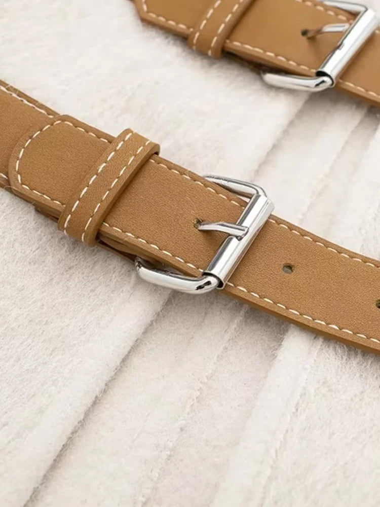 Women Fashion With Belt Woolen Jacket Coat V Neck Long Sleeve Female Outerwear Chic Tops