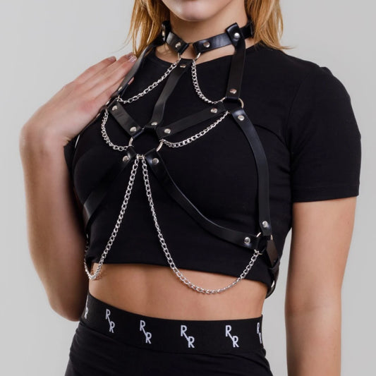 Women Fashion Goth Chest PU Leather Harness with Chains Black Chest Harness with Chains Punk Accessories for Party
