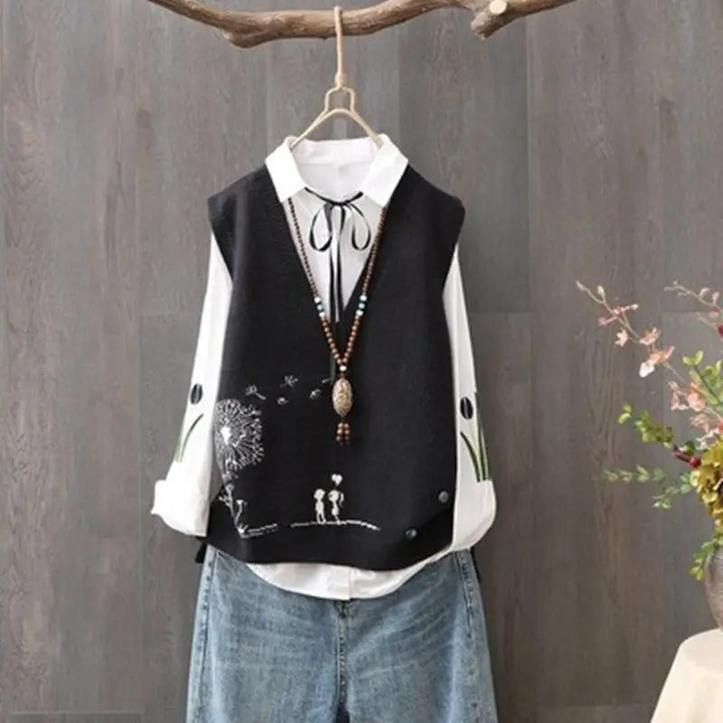 2023 Spring and Autumn New Korean V-neck Knitted Tank Top for Women's Casual Loose Sleeveless Age Reducing Top