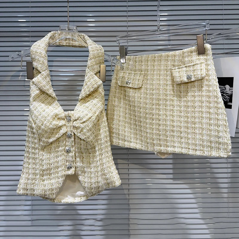 DEAT 2025 Summer New Fashion Two-pieces Set For Women Diamond Buckle Hanging Neck Vest Woven Tweed Short Skirt Female 11A04590