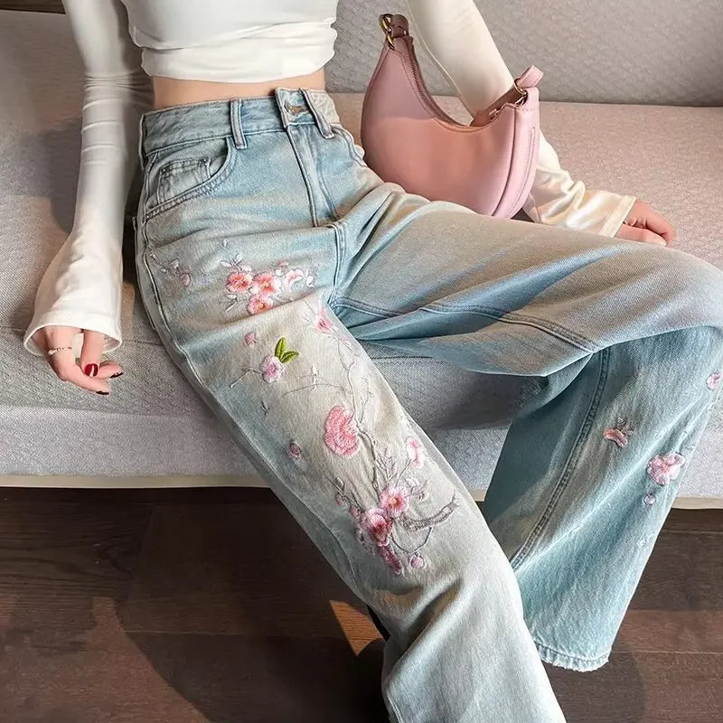 New  Style Embroidered High Waist Draped Women's Jeans Autumn Winter Slimming Wide Leg Floor-Length Pants