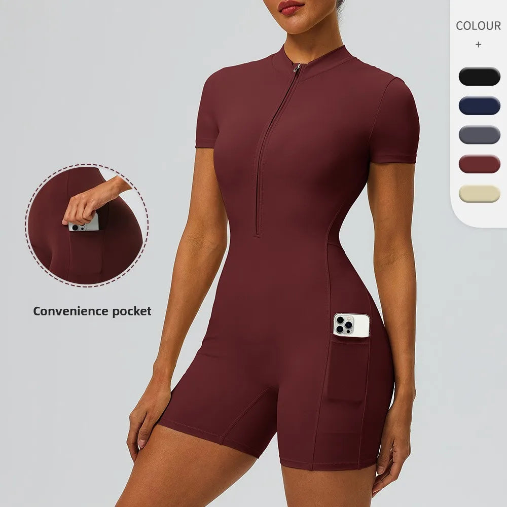 Women's zipper short sleeved yoga jumpsuit with functional pockets for hip lifting and tight fitting sports jumpsuit shorts