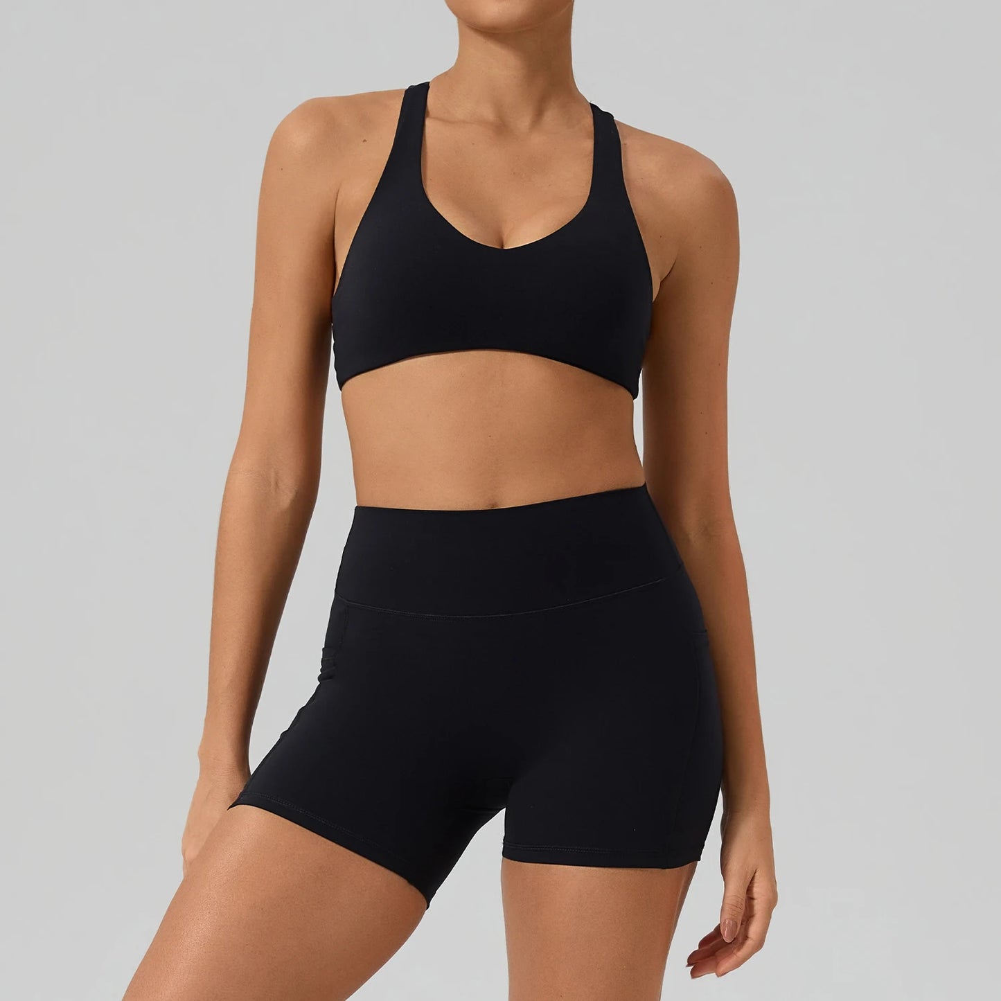 Hearuisavy Fitness Set 2Pcs Women Gym Sports Bra Running Sports Shorts With Pockets High Impact Breathable Racerback Yoga Tops
