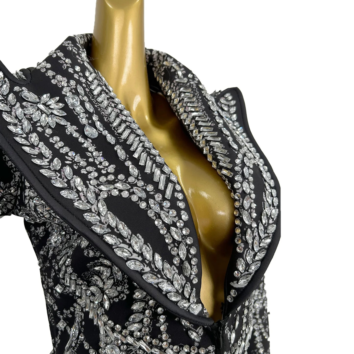 Fashion Crystal Rhinestones Short Dress Deep V Black Club Party Birthday Performance Drag Queen Costume