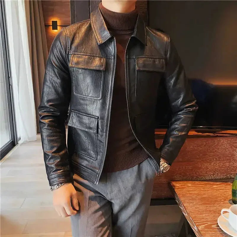 Autumn Winter High Quality Faux Leather Jacket Fashion Multi Pocket Design PU Leather Coats Man Vintage Business Slim Fit Coats