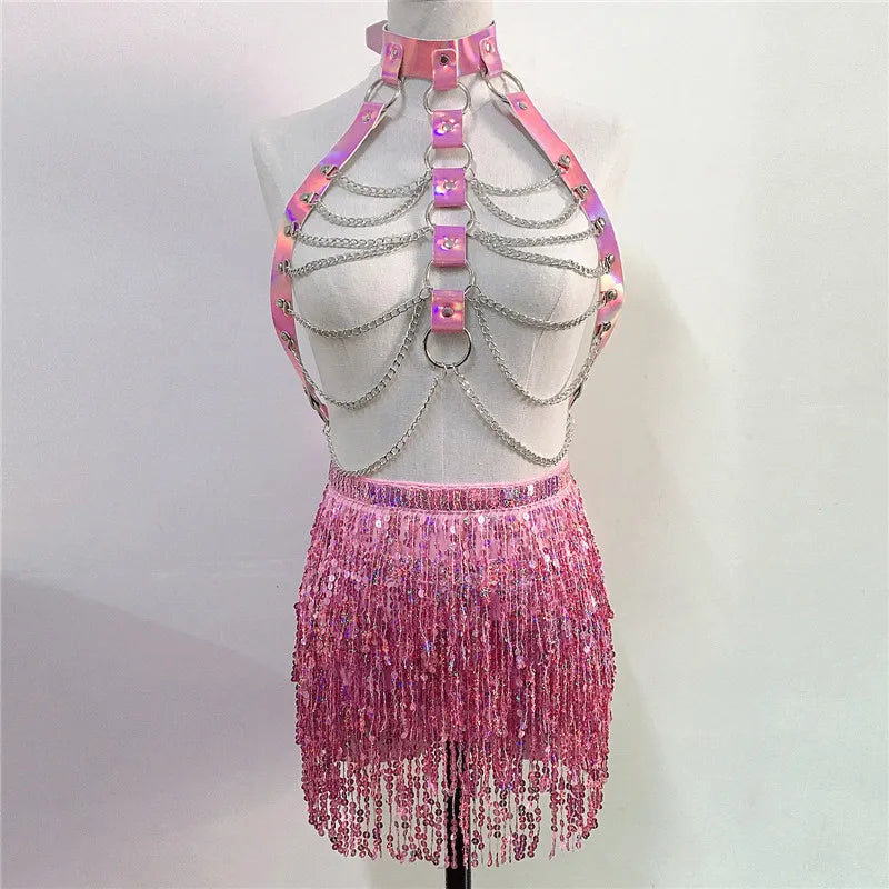 Women PU Leather Harness 2 Piece Set Sexy Hollow Out Metal Chest Chain With Tassel Sequins Mini Skirt Gothic Party Club Outfits