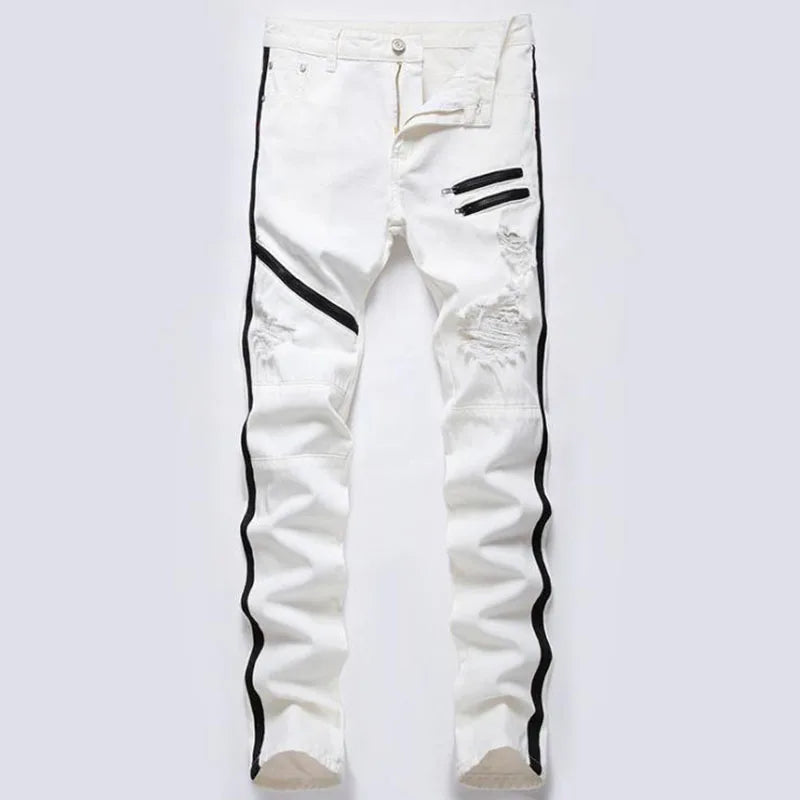 High Quality Men Casual Black Jeans Paint Slim Straight Hole Biker Jeans Autumn Jean Homme Male Denim Pants Plus Size