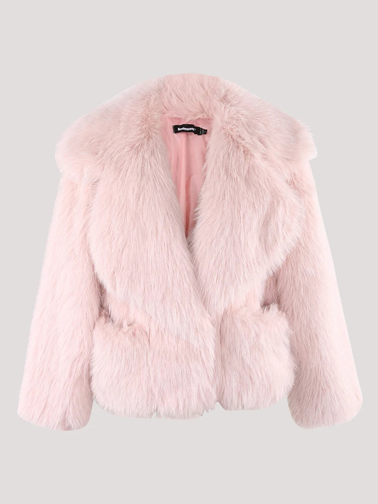 Nerazzurri Winter Short Loose Casual Hairy Soft Thick Warm Pink Faux Fur Coat Women with Big Collar and Pockets Fluffy Jacket