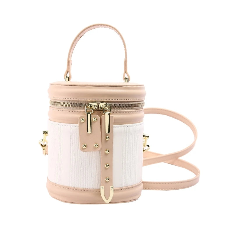 PU Leather Shoulder Crossbody Bag Cylinder Bag Vintage Small Handbag Purse with Top Handle Zippered for Everyday Carry
