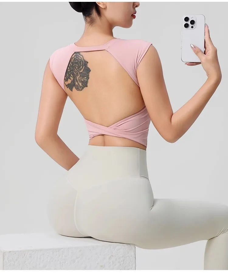Women's Backless Fitness Clothes with Fixed Chest Pad Beautiful Top Short Sleeve Dance Sport  T-Shirt Yoga Wear