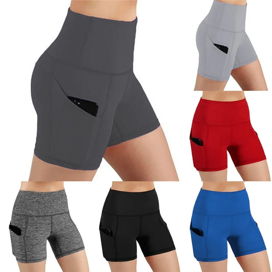 Damen Sportshorts mit hoher Taille, Push-Up-Höhe, enge Yoga-Radsport-Bikershorts, Handytasche, Jogging, Laufen, Fitness, kurze Hose, Dame