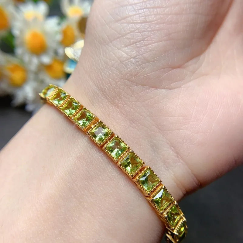 YULEM Fine Jewelry 925 Sterling Silver Inlaid Natural Peridot Bracelet Ladies Bracelet Support Detection Fashion Charm Bracelet