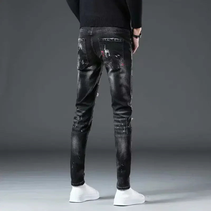 Trousers Ripped Torn Patch Man Cowboy Pants Slim Fit with Holes Men's Jeans Tight Pipe Skinny Broken 2025 Korean Autumn Goth Xs