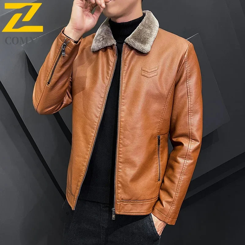 Winter Fashion Warmth Thickened Leather Jacket Lapel Solid Zipper Design Plus Size 4XL-M WorkCoat Men's Leather Jacket