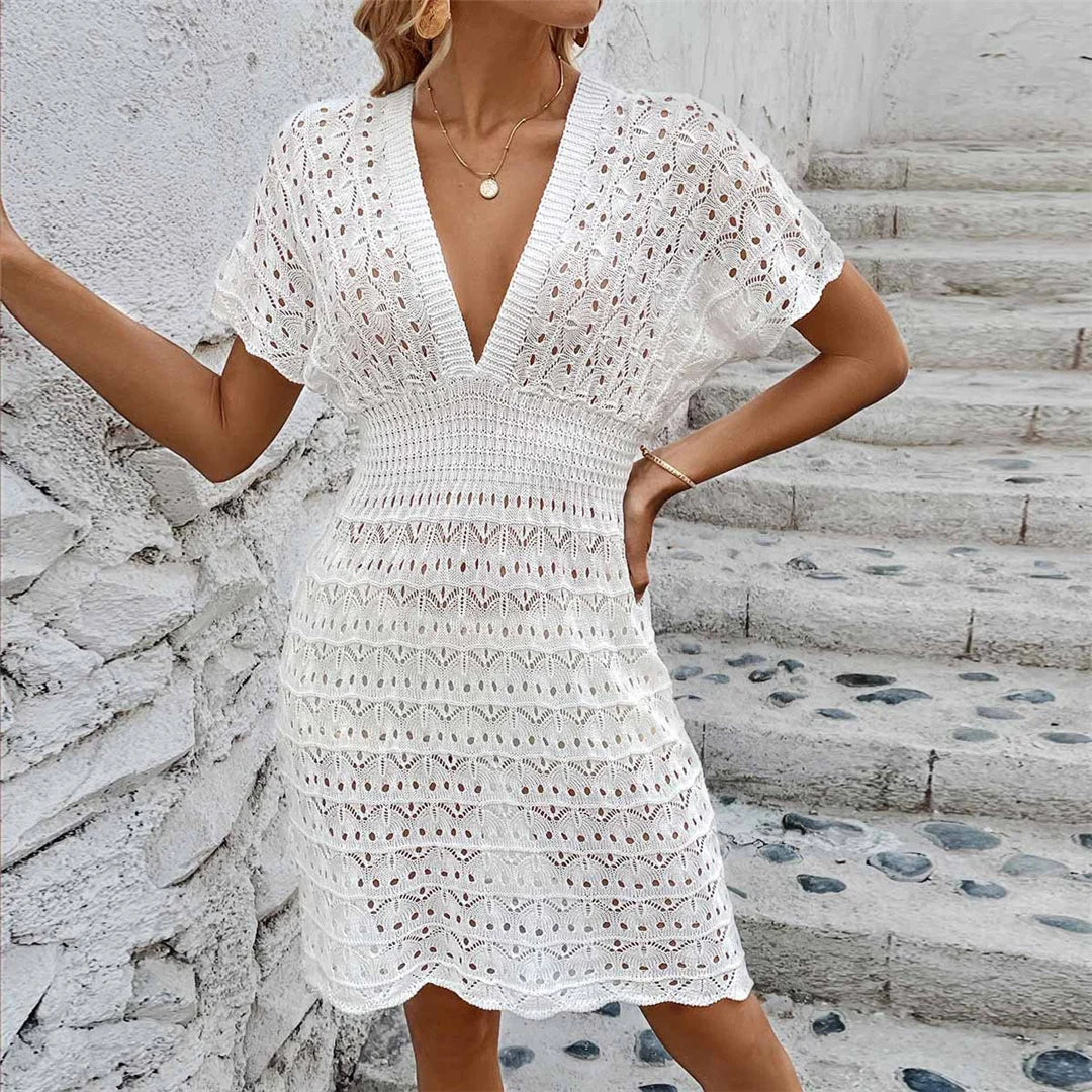 S - XL Short Sleeve V Neck Crochet Knitted Mini Dress Tunic Beach Cover Up Beach Dress Beach Wear Beachwear Female Women