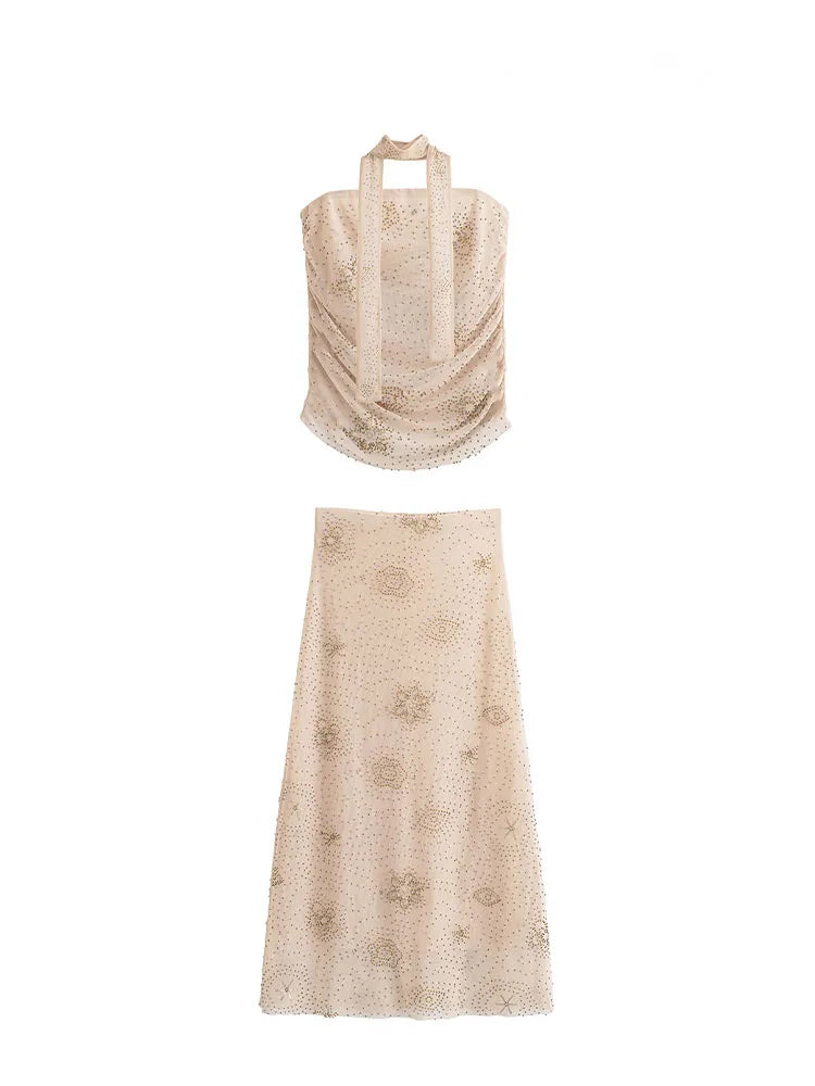 Women Elegant Skirt Set Pleated Sleeveless Beaded Decoration Backless Shorts Tops+High Waist A-Line Mesh Long Skirt Suits