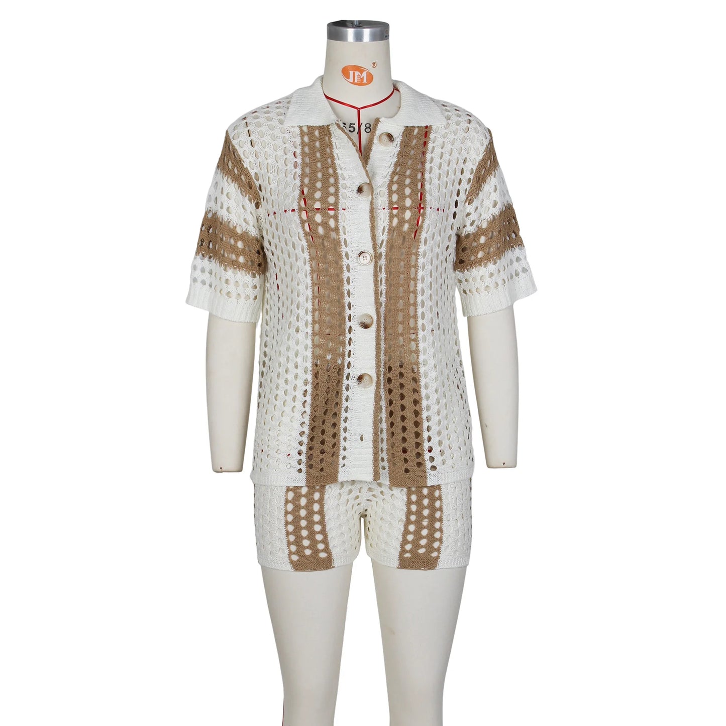 Women's Two Pieces Set Knit Ribbed Crochet Patchwork Outfits Short Sleeve Shirt Sweater Short Suit  Two Set Outfit Tracksuit