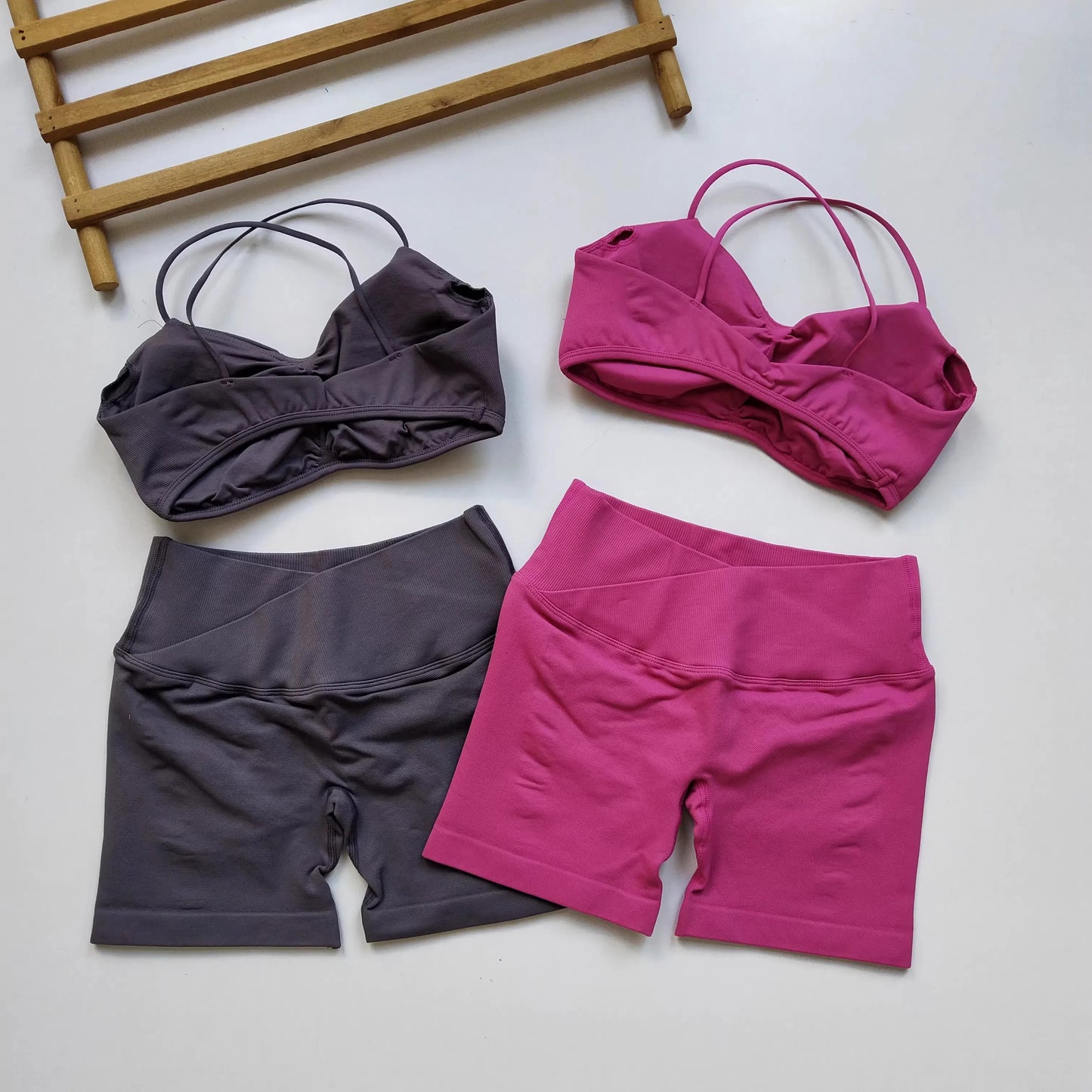 Women's Open Back Yoga Tank Top Built-in Pads, High Waist Peach Butt Lift Shorts Cross Waist Workout Set