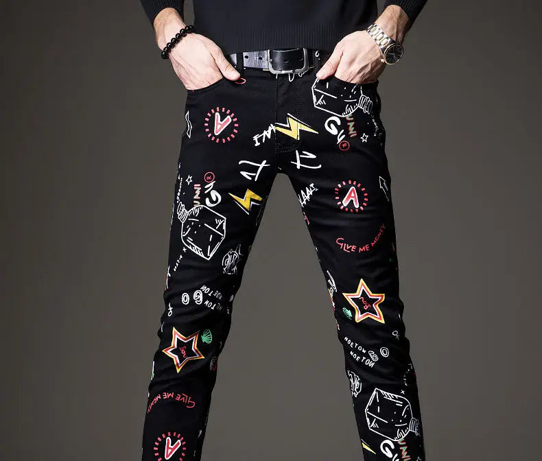Luxuriöse Jeanshose für Herren, Hip-Hop-Jeans mit Graffiti-Print, Designer-Jeans in Slim Fit, trendige schwarze Jeans, Stretch-Cowboy-Baumwollhose für Männer