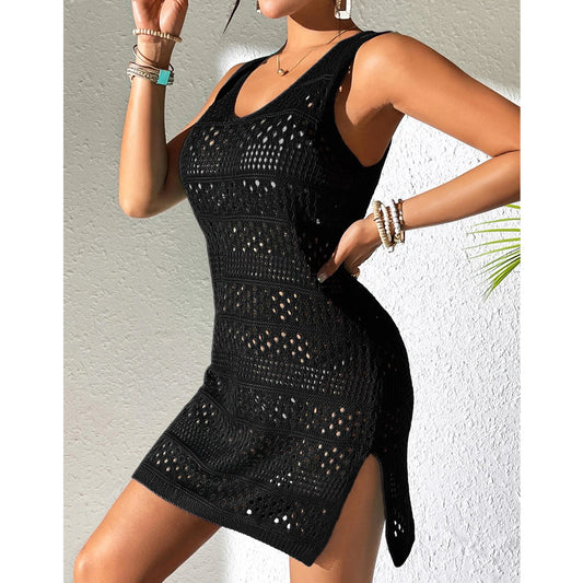 New Style V Neck Solid Color Side Slit Dress Women's Beach Vacation Sunbathing Cover Up Knitting Sexy Hollow Out Dress