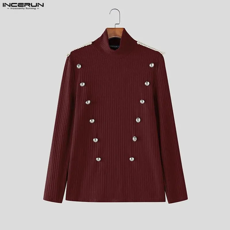 INCERUN Men Sweater Patchwork Turtleneck Long Sleeve Knitted Male Pullovers Button Streetwear Fashion Casual Men Clothing S-3XL