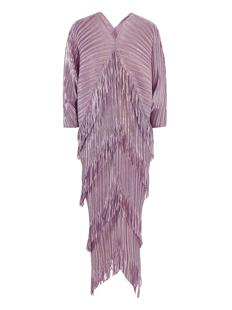 LANMREM 2025 New Elegant Party Tassel Pleated Dress Women V Neck Sequins Spliced Irregular Long Dresses Fashion Clothing 2DA1641