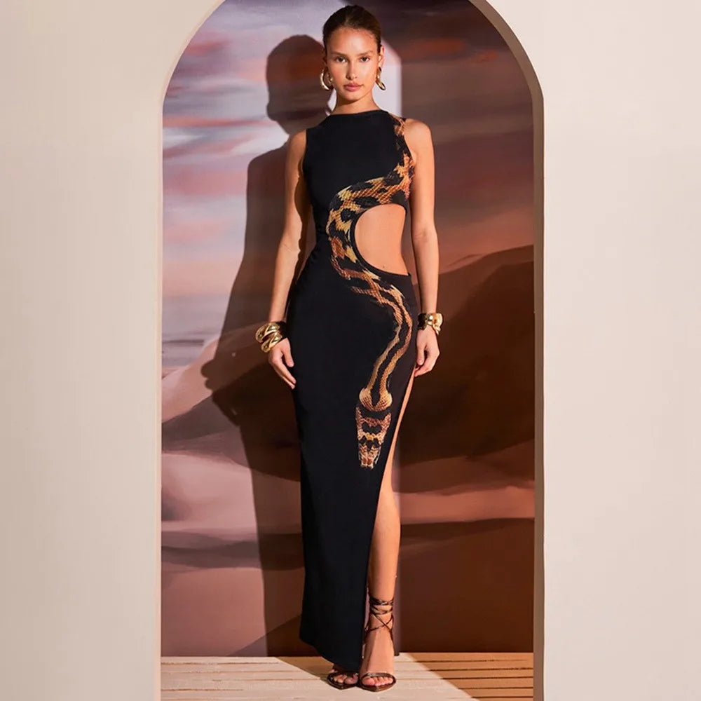 European And American Traditional Wear Dress Women's Long Black Maxi Dress Side Slit Cutout Waist Snake Print Hollow Out Round