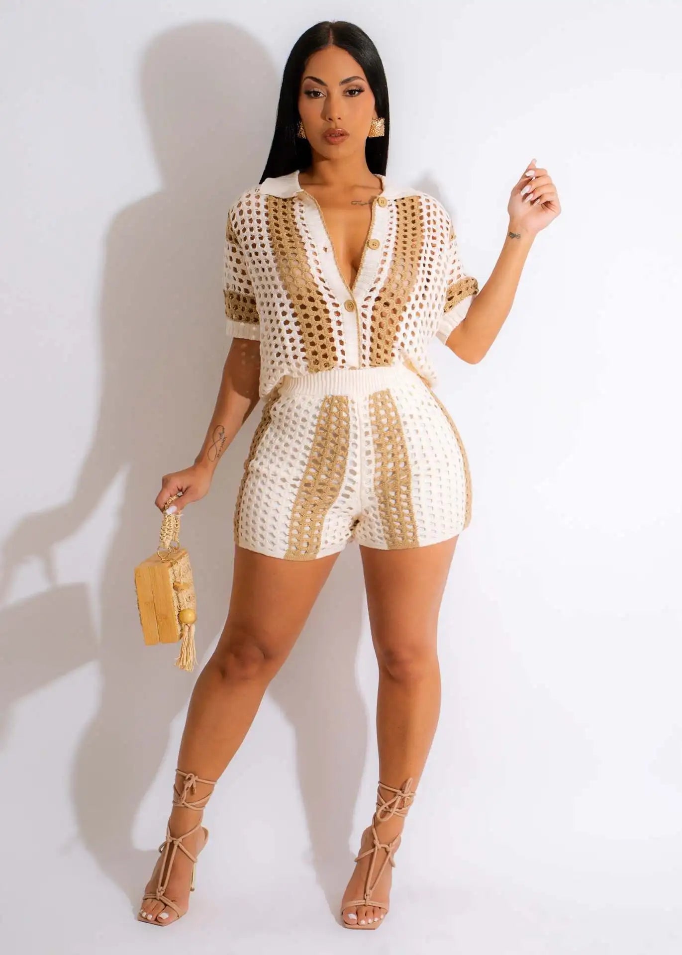 Women's Two Pieces Set Knit Ribbed Crochet Patchwork Outfits Short Sleeve Shirt Sweater Short Suit  Two Set Outfit Tracksuit