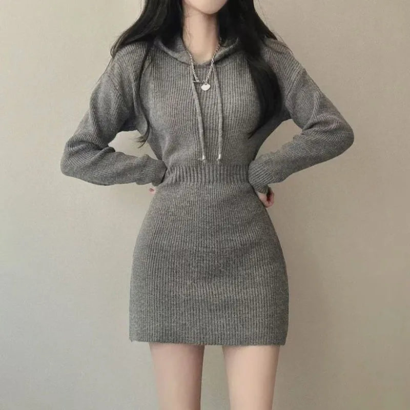 White Thicken Knit Mini Dress Woman Korean Elastic High Waist Bandage Dresses Women Hooded Outwear Long Sleeve Slim Dress