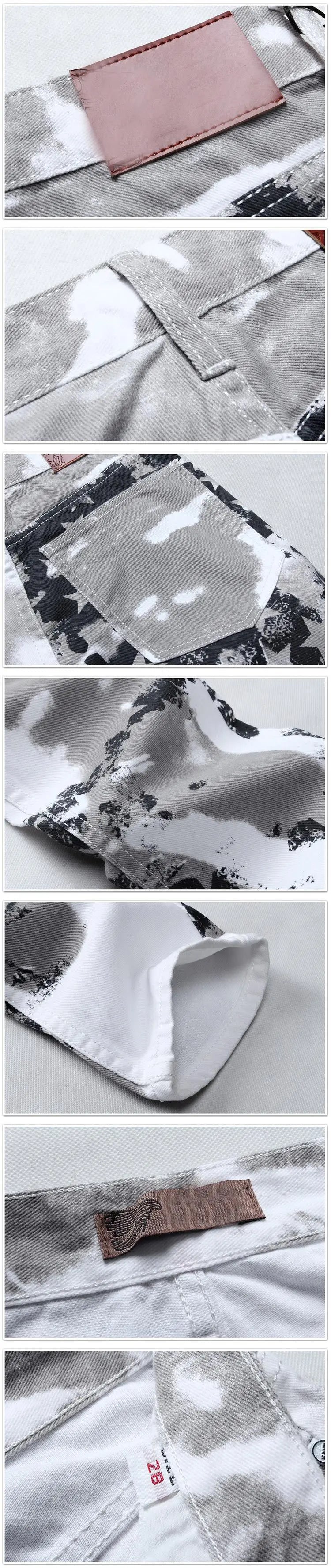 High Street Straight-Jeans für Herren, Jeans mit weißem Flaggen-Print, Stretch, schmale, lässige Hose mit fünfzackigem Stern, Hip-Hop-Hose in großen Größen