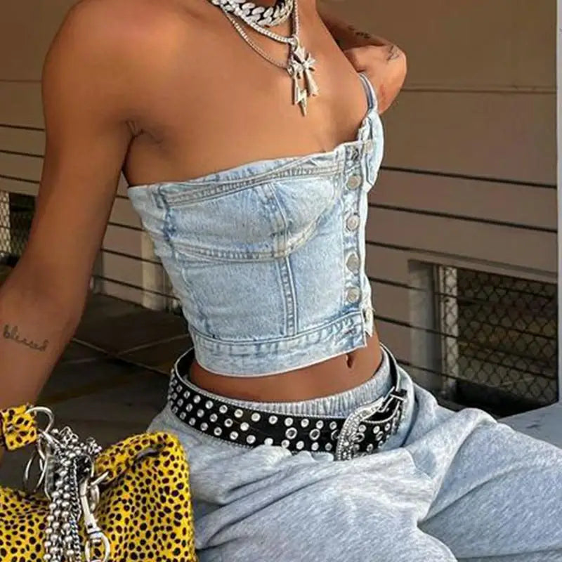 Combhasaki Women's Y2K Button Down Slim Fit Denim Tube Tops Off Shoulder Party Short Wrap Chest Backless Smocked Vest Bandeau