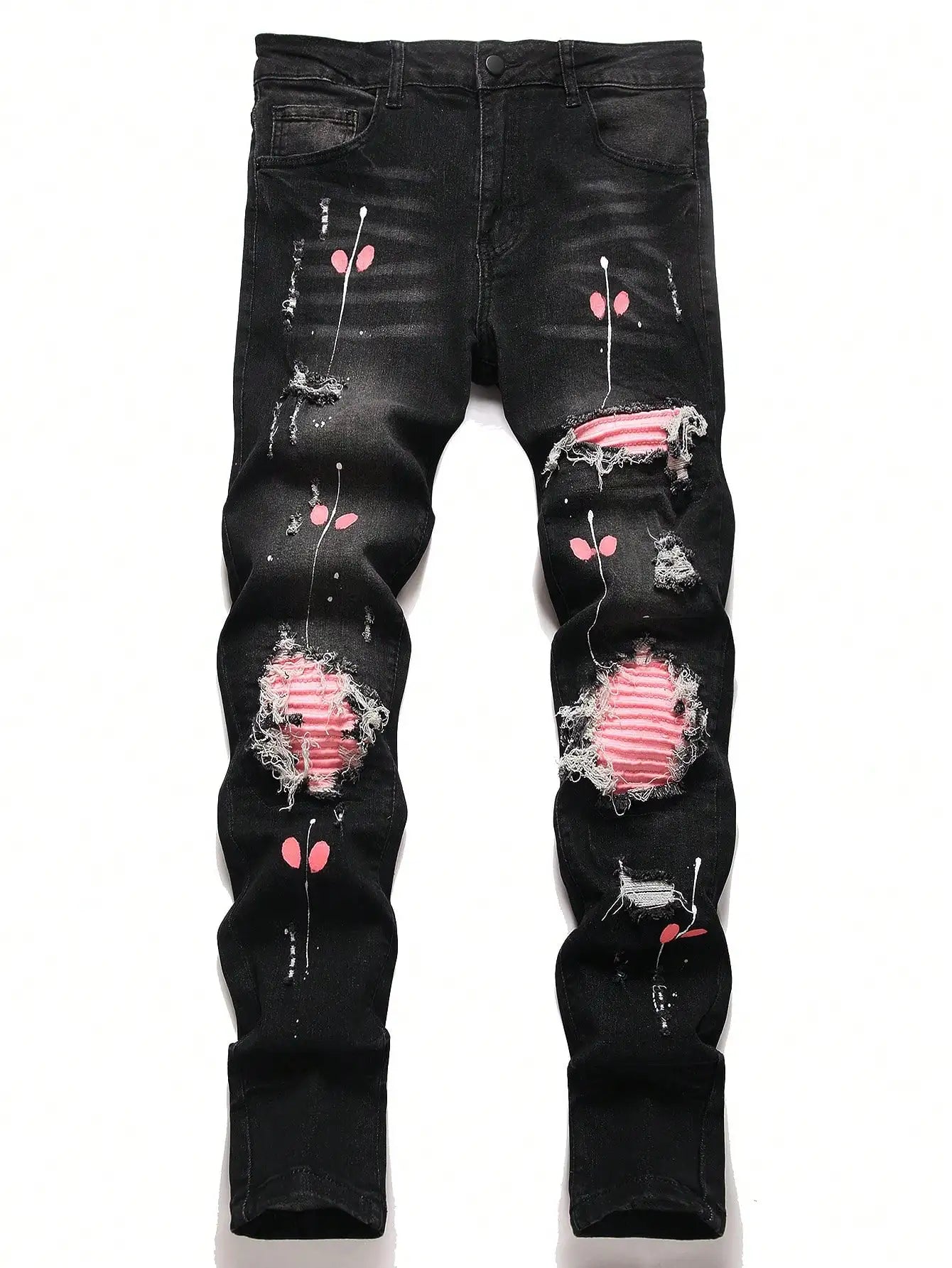 High Stretch Men's Ripped Denim Jeans for Man Skinny Hip-hop Pants Casual Slim Fit Trousers with Patchwork Embroidery Streetwear