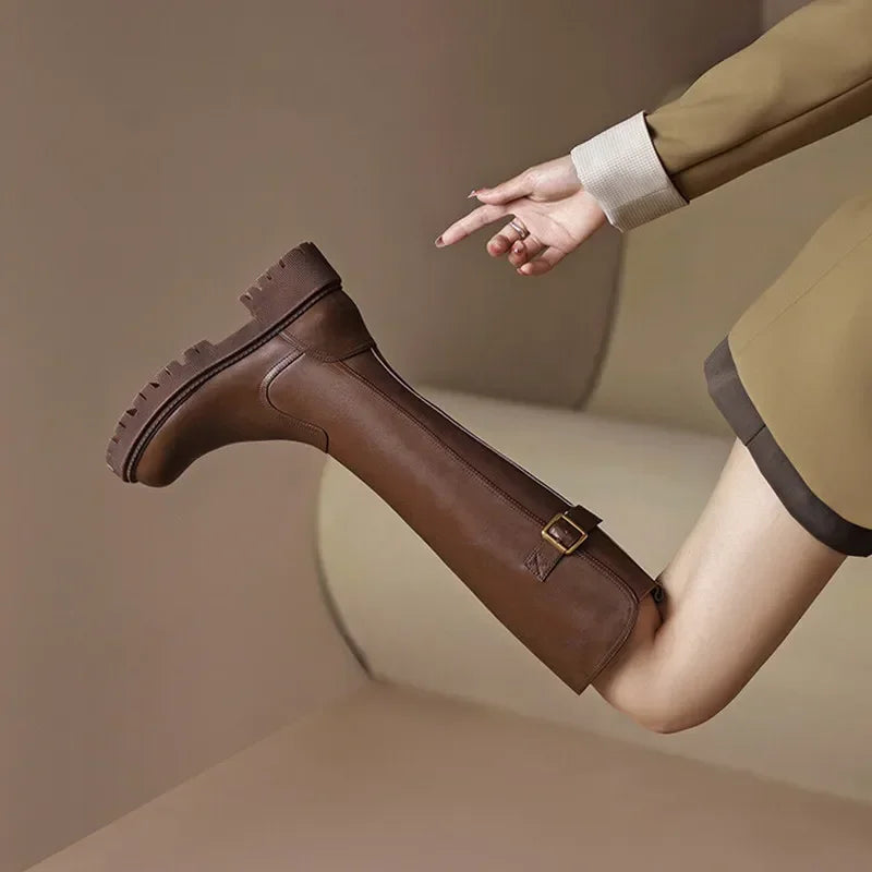 2025 Platform Women Knee Chunky Heels Boots Fashion Belt Buckle Knight Long Booties Autumn Winter Female Thick Heel Shoes