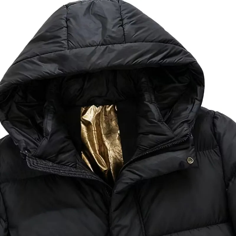 Black Color Men Mid Length Cotton Padded Coat Winter Fashion Hip Hop Streetwear Hong Kong Style Solid Color Hooded Jacket