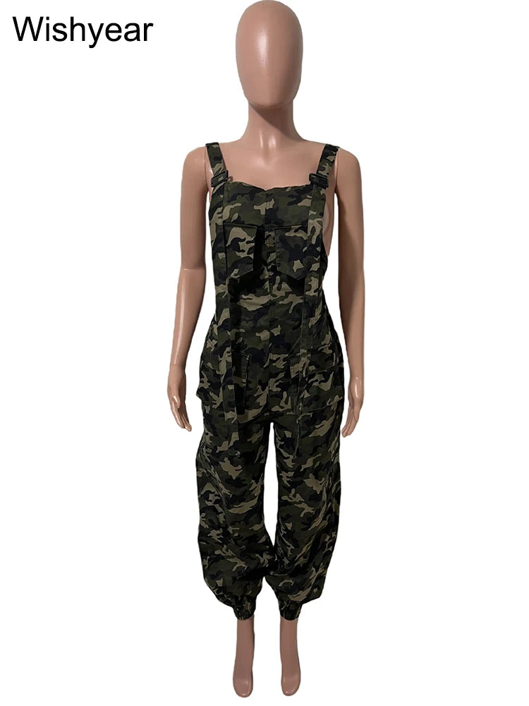 Casual Streetwear Army Green Jumpsuits Women Camouflage Pockets Splice Suspenders Loose One Pieces Cargo Pants Rompers Overalls