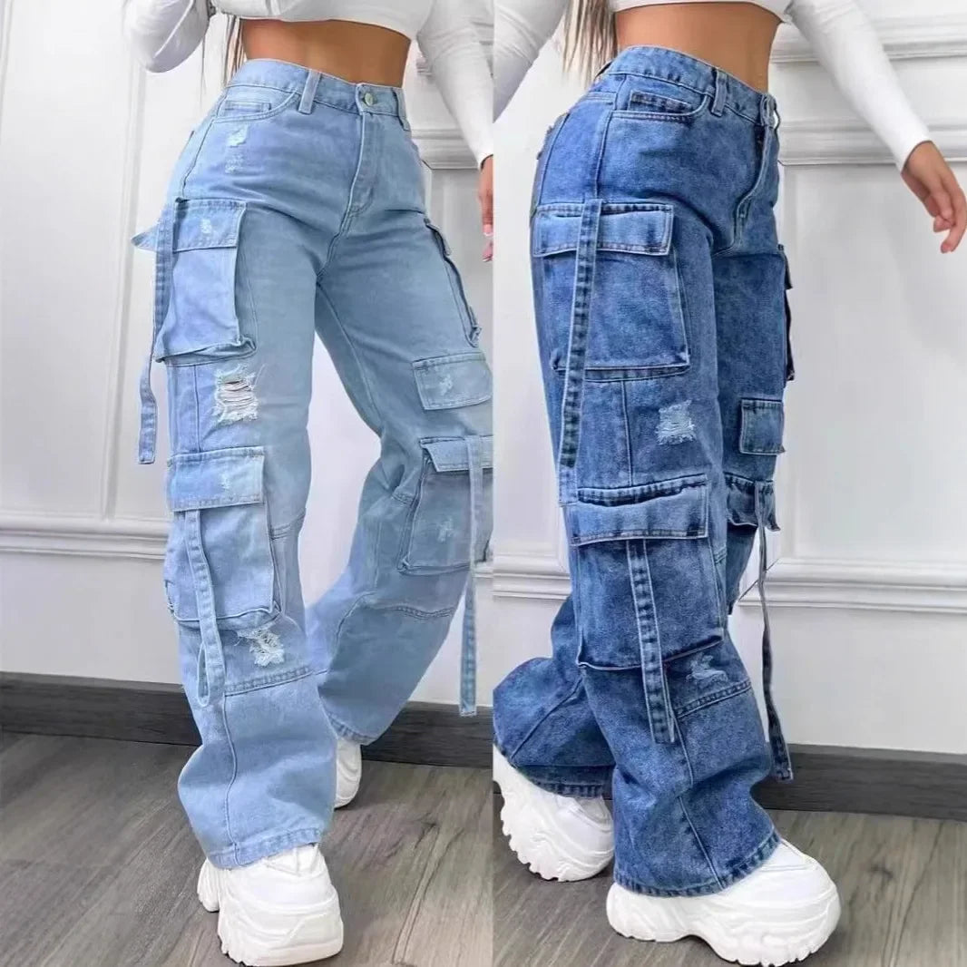 New Fashion Pure Color Casual Workwear Denim High Waist Multi Pocket Loose Fit Women's Jeans Versatile plus Size
