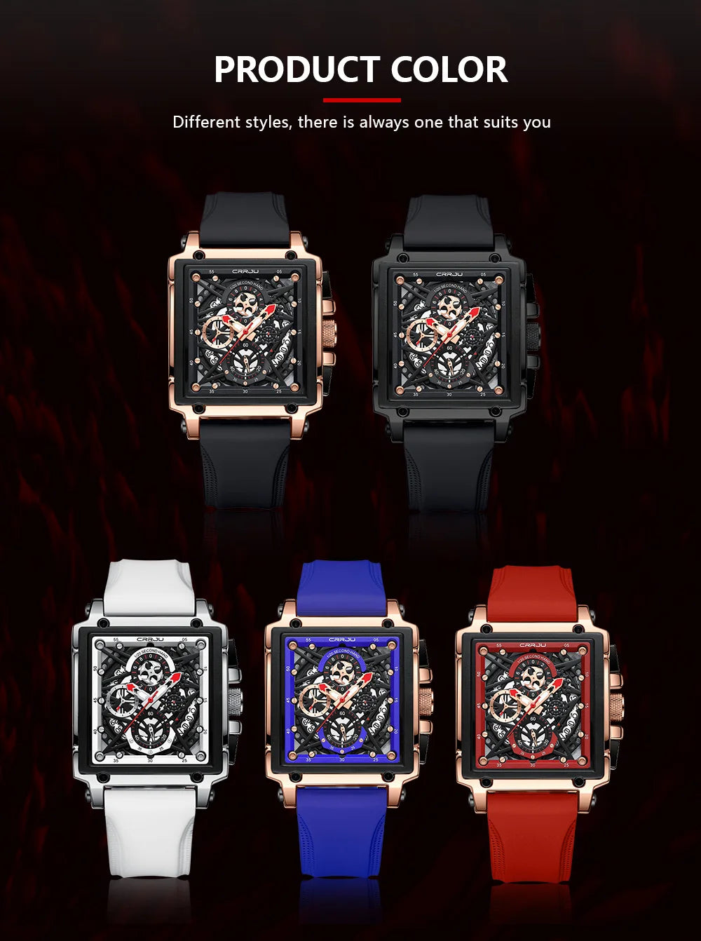 CRRJU Modische Sportuhren mit großem Zifferblatt, einzigartiges rechteckiges, hohles Design, Quarz-Armbanduhren mit Chronograph, automatisches Datum
