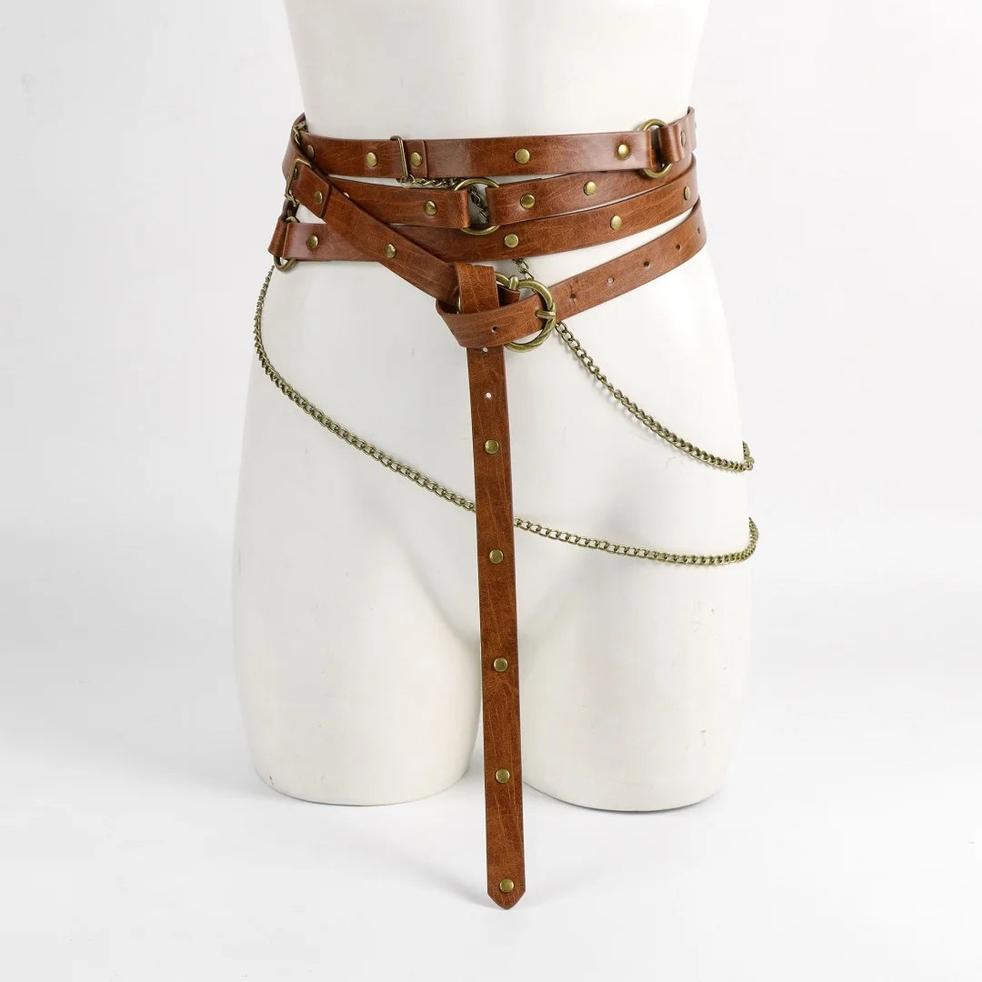 Retro Viking Style Belt Adjustable Medieval PU Leather Belt with Metal Chain Punk Steampunk Cosplay Accessories