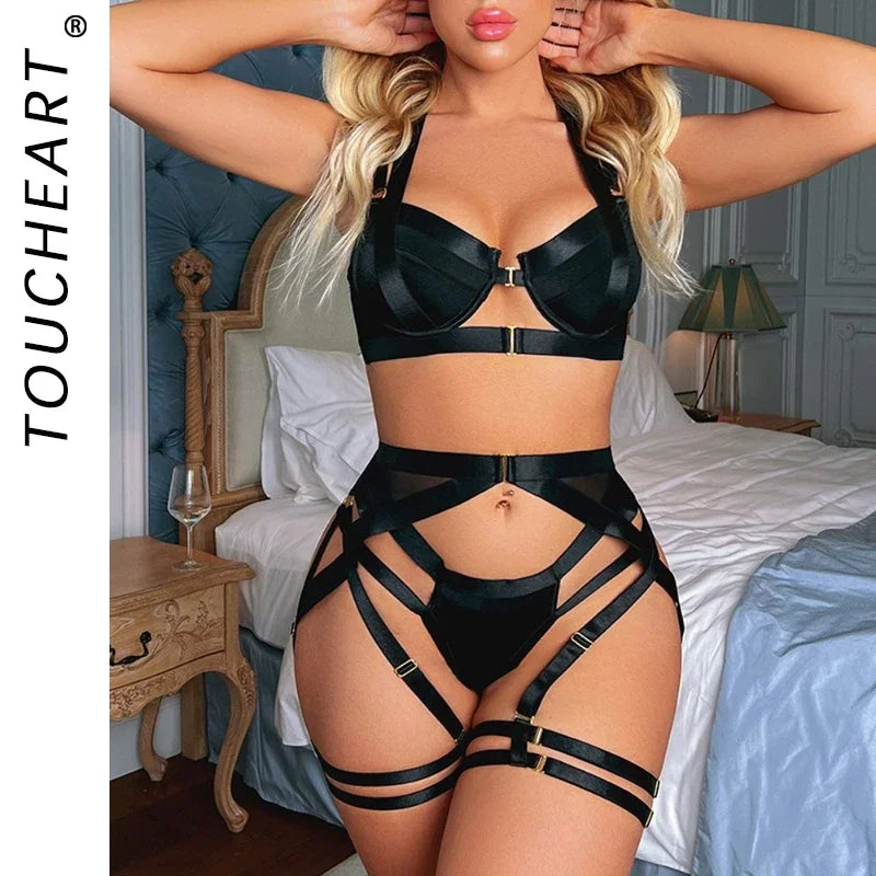Toucheart Strap Cross Sexy Lingerie Body Shaping Separates Set Women Solid Color Sexy Hollow Out Underwear Metal Sheet Bra Set